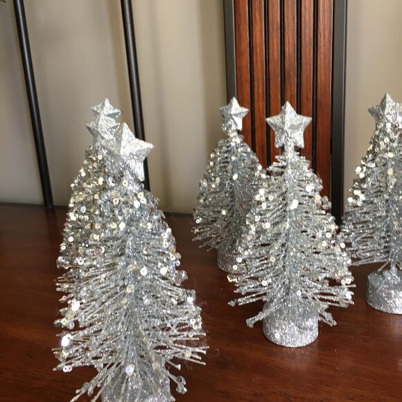 6 Silver Glitter Tabletop Decor Star Topped Bottle Brush Christmas Trees - Picture 6 of 16
